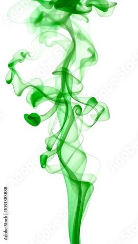 Elegant green smoke swirls gracefully on a white background, creating a sense of fluidity and motion with delicate, flowing patterns