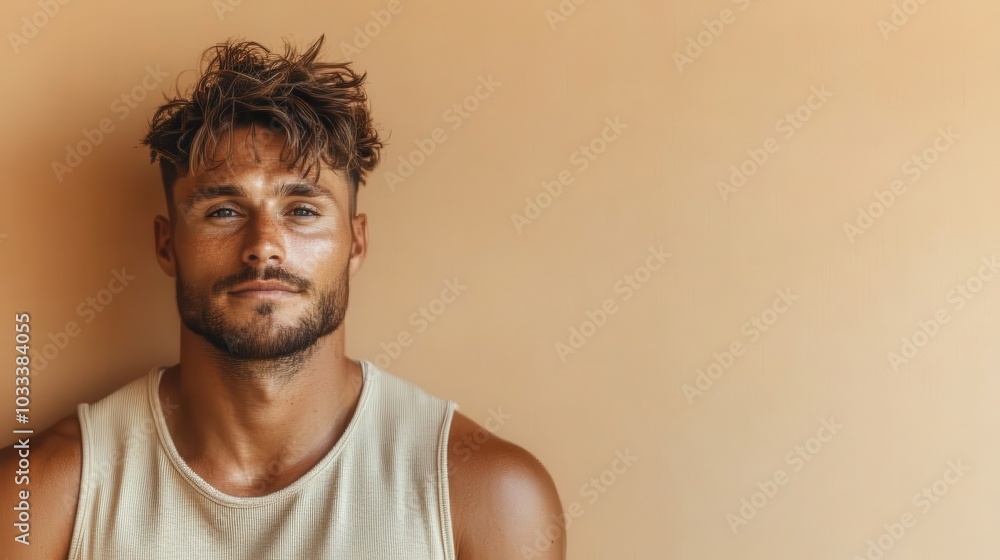 Man with tousled hair wearing a white sleeveless shirt posed against a soft peach backdrop, creating a warm and inviting observation of style and attitude. Man with tousled hair wearing a white sleeveless shirt posed against a soft peach backdrop, creating a warm and inviting observation of style and attitude.