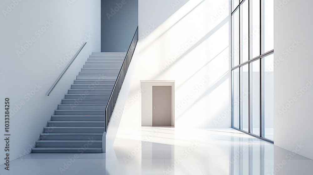 Fototapeta premium A clean, white, modern interior of an office building with a staircase, door, and window