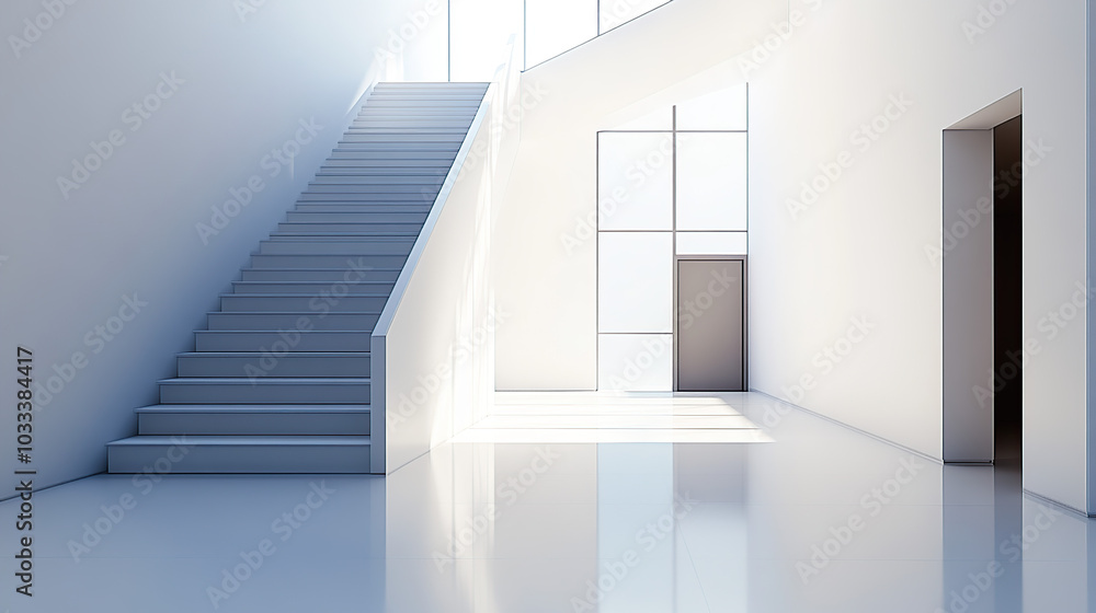 Fototapeta premium A clean, white, modern interior of an office building with a staircase, door, and window