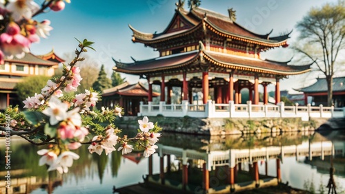 Traditional Chinese architecture with a red roof and pond surrounded by blooming pink flowers.