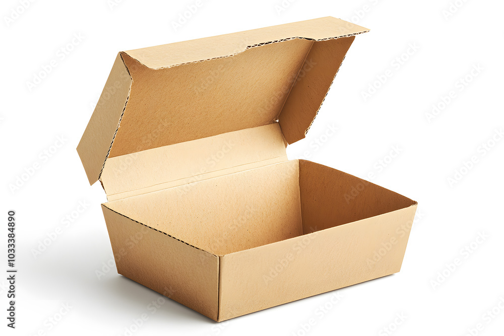 Opened cardboard take away box, isolated white background