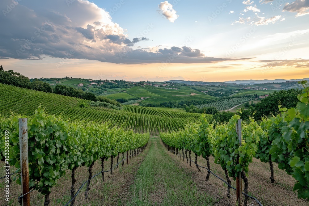 Fototapeta premium Italian Vineyards Landscape at Sunset. Stunning View of Vinery Fields in Rolling Hills
