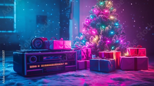 80s retro Christmas with neon lights on a tree vibrant presents and classic boomboxes next to a cassette deck snow falling in the background 