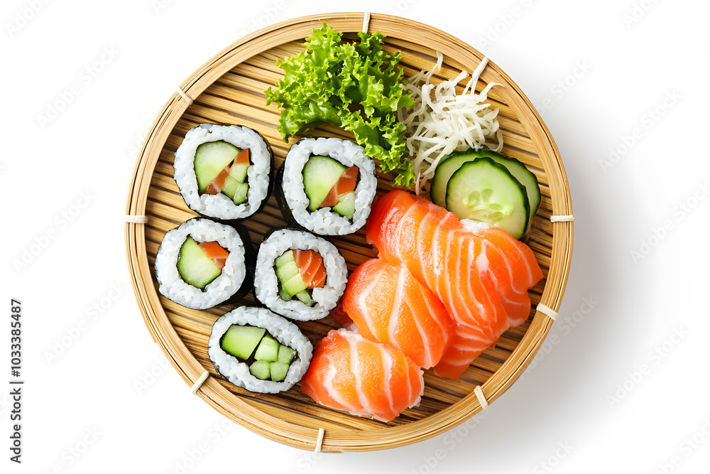 Sushi with salmon, cucumber, avocado on round bamboo plate top view, white background Sushi with salmon, cucumber, avocado on round bamboo plate top view, white background