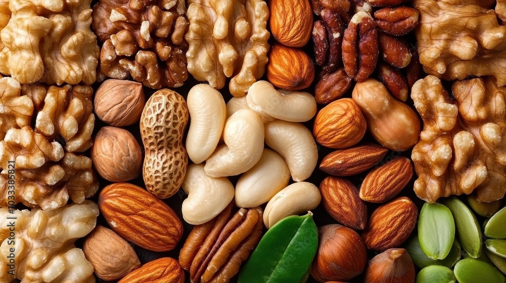 A rich and textured display of various nuts, including walnuts, almonds, and beans, arranged closely together, emphasizing natural patterns and diversity. A rich and textured display of various nuts, including walnuts, almonds, and beans, arranged closely together, emphasizing natural patterns and diversity.