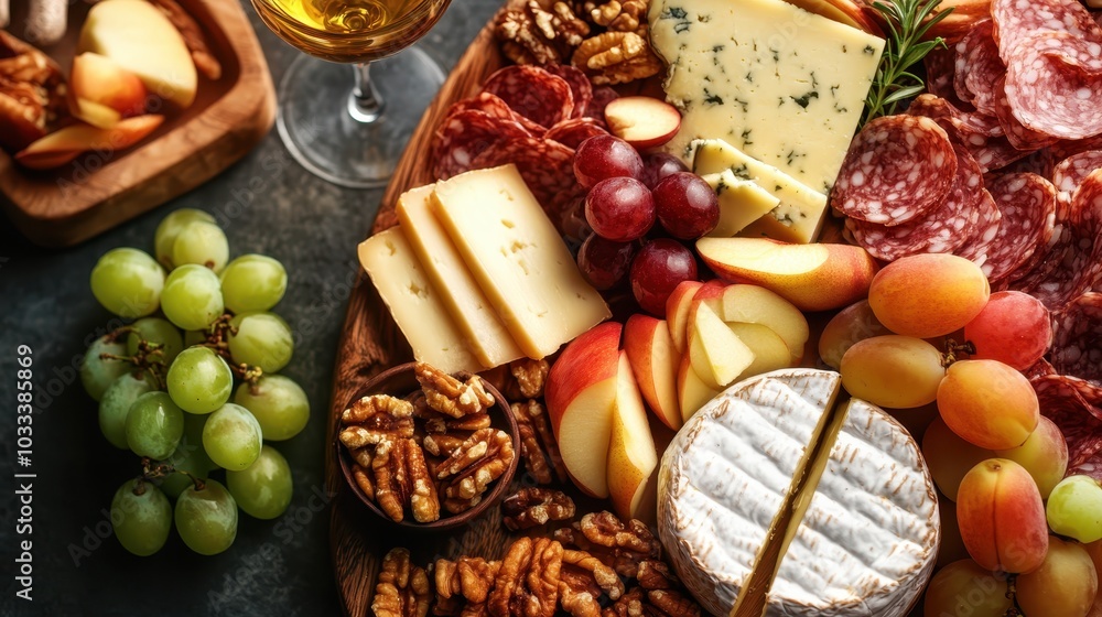 A cheese and fruit platter presents a rustic charm with its assortment of brie, fresh fruit, and nuts. The rustic wooden board adds warmth and authenticity to the display. A cheese and fruit platter presents a rustic charm with its assortment of brie, fresh fruit, and nuts. The rustic wooden board adds warmth and authenticity to the display.