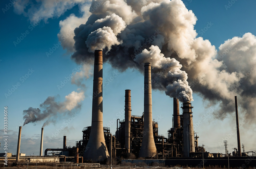 Factory smokestacks emitting thick clouds of smoke into a polluted sky Factory smokestacks emitting thick clouds of smoke into a polluted sky
