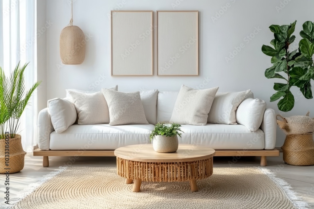 Modern living room interior composition with beige sofa, wooden coffee table and modern home accessories. Template. Copy space. Dining room in the, Generative AI Modern living room interior composition with beige sofa, wooden coffee table and modern home accessories. Template. Copy space. Dining room in the, Generative AI