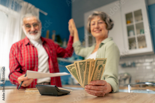 close up money in bright kitchen an elderly cute couple at the table count their expenses monthly payment summing up the results of the year utilities count monthly survival count money