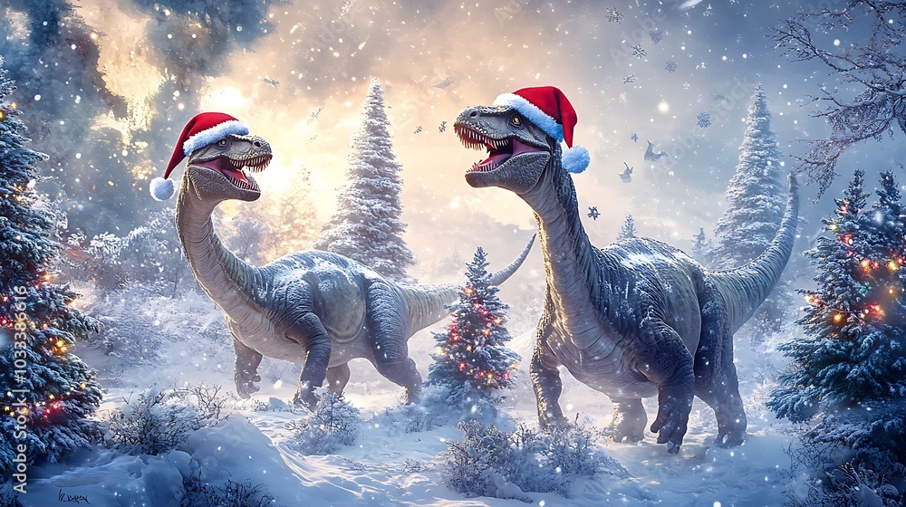 Naklejka premium Dinosaurs wearing Santa hats surrounded by Christmas trees and festive lights in a snowy prehistoric landscape roaring joyfully