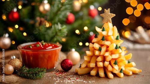 French fries shaped like Christmas trees served with festive holiday sauces twinkling lights and a decorated tree in the background 