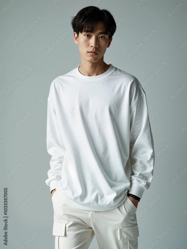Clean and Simple Look: Young Asian Man in White Long Sleeve Tshirt and Cargo Pants Clean and Simple Look: Young Asian Man in White Long Sleeve Tshirt and Cargo Pants
