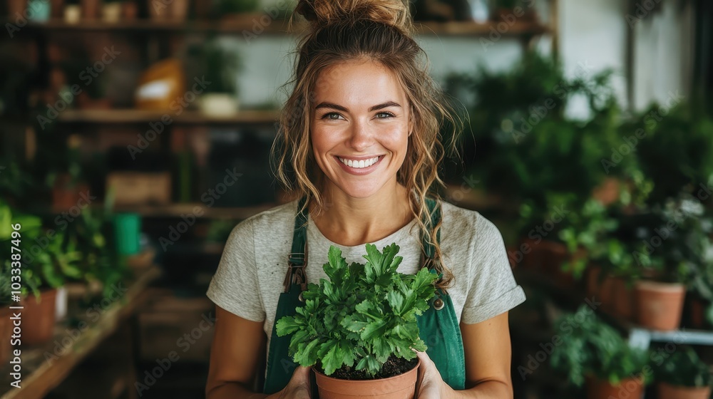 A content gardener woman, smiling amidst a lush greenhouse, proudly holds a potted plant, showcasing her love for nature and horticulture skills. A content gardener woman, smiling amidst a lush greenhouse, proudly holds a potted plant, showcasing her love for nature and horticulture skills.