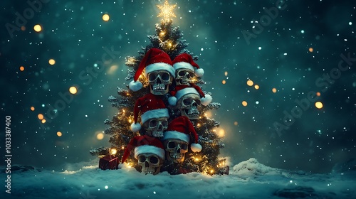 Skulls wearing Santa hats stacked around a Christmas tree with eerie glowing lights in a gothic holiday setting snow falling gently 