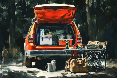 Camping equipment, folding tables and chairs, folding tents and camping cooking tools filled the trunk of the car concept painting side view  photo