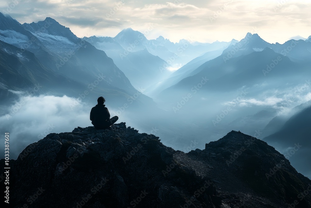 A lone hiker sits on a mountaintop overlooking a valley shrouded in mist, with majestic peaks rising in the distance. A lone hiker sits on a mountaintop overlooking a valley shrouded in mist, with majestic peaks rising in the distance.
