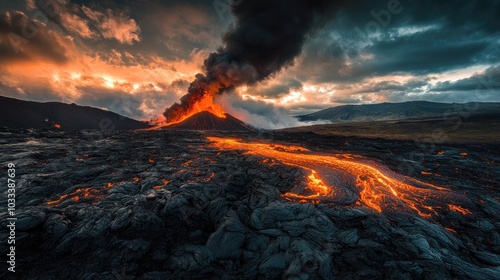 A surreal volcanic landscape with flowing lava and ash-filled skies, creating a terrifying yet mesmerizing natural scene