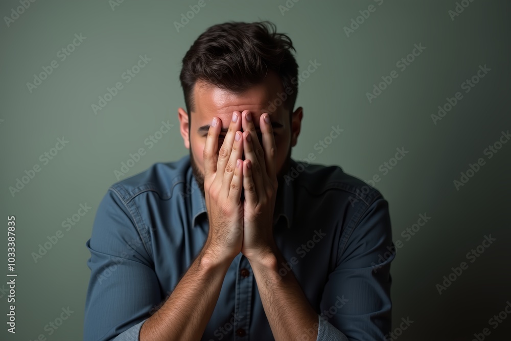 A man in grief covering his face with his hands A man in grief covering his face with his hands