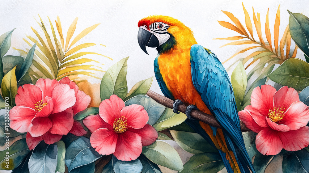 Fototapeta premium Tropical Paradise with Palm Leaves, Camellia Flowers, Parrot, and Toucan