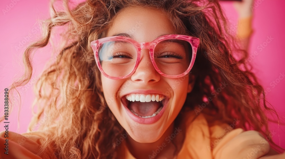 A bright and cheerful image highlighting a child's joyful expression while wearing big pink glasses, capturing the essence of childhood delight and playful innocence.