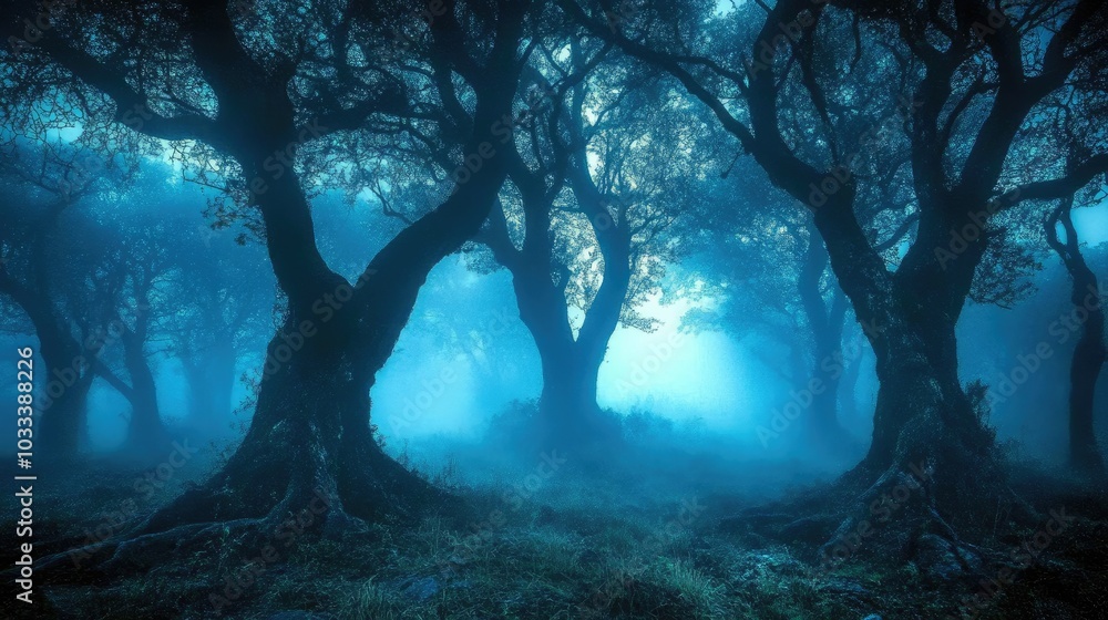 A dark, eerie forest with gnarled trees, thick fog, and the faint glow of moonlight, creating a mysterious and frightening atmosphere A dark, eerie forest with gnarled trees, thick fog, and the faint glow of moonlight, creating a mysterious and frightening atmosphere