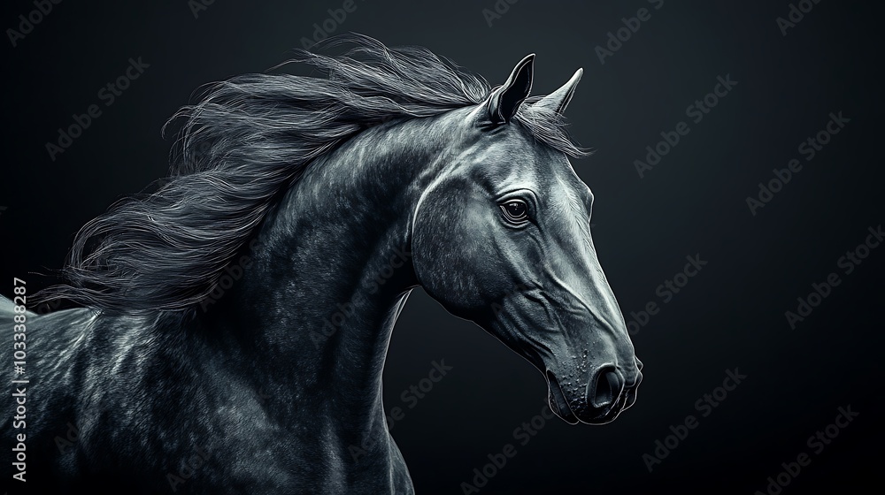 Elegant dark horse galloping with mane flowing in sunset breeze Elegant dark horse galloping with mane flowing in sunset breeze