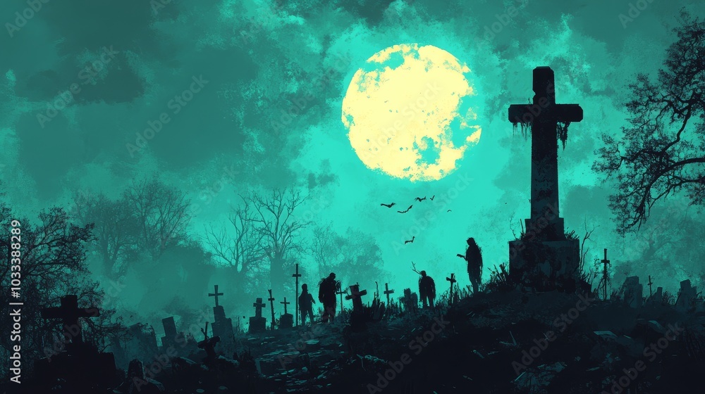 Illustration of a spooky graveyard with zombies Illustration of a spooky graveyard with zombies