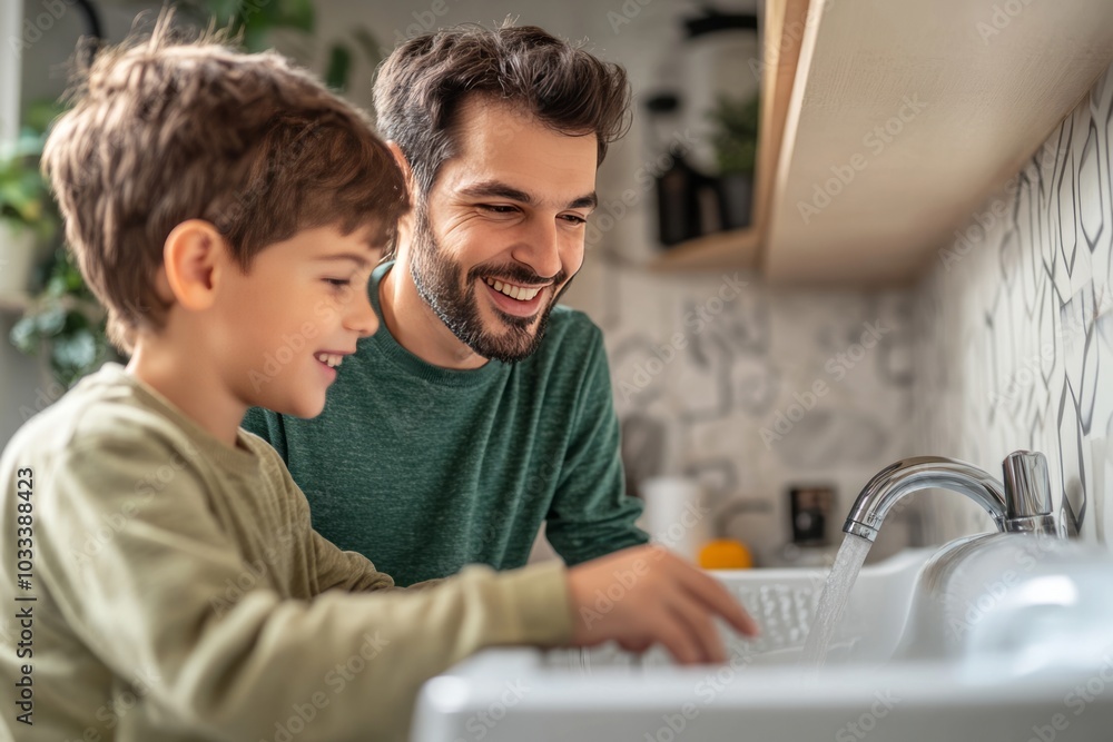 Obraz premium Father and son operating washing machine in utility room at home