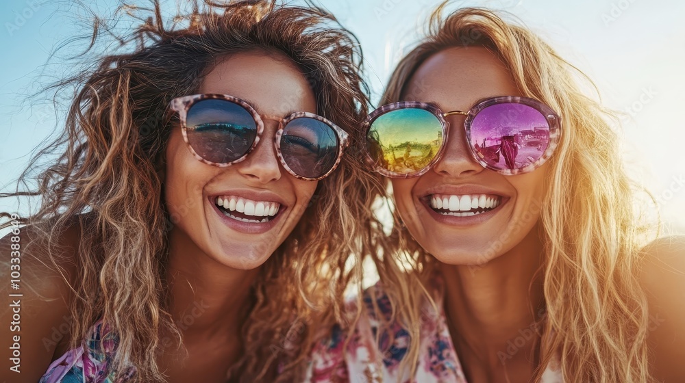Two smiling women with wavy hair and stylish sunglasses, basking in the sunlight, showcasing friendship and joy in a picturesque outdoor setting. Two smiling women with wavy hair and stylish sunglasses, basking in the sunlight, showcasing friendship and joy in a picturesque outdoor setting.