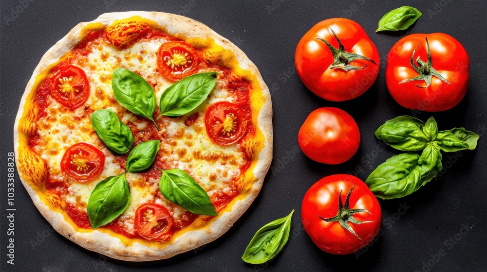 Fresh Pizza with Tomatoes and Basil on Dark Background Fresh Pizza with Tomatoes and Basil on Dark Background