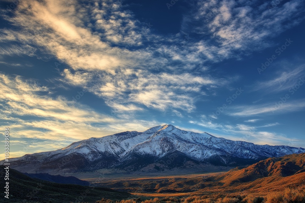 A snow-capped mountain peak rises against a blue sky with wispy clouds, showcasing a picturesque landscape. A snow-capped mountain peak rises against a blue sky with wispy clouds, showcasing a picturesque landscape.