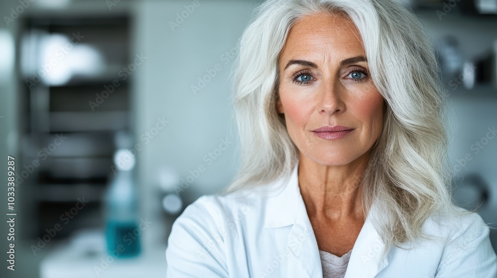 A portrait of a mature woman with silver hair, wearing a white lab coat, exudes wisdom and confidence, set in a bright, modern environment, showcasing her dignified presence. A portrait of a mature woman with silver hair, wearing a white lab coat, exudes wisdom and confidence, set in a bright, modern environment, showcasing her dignified presence.