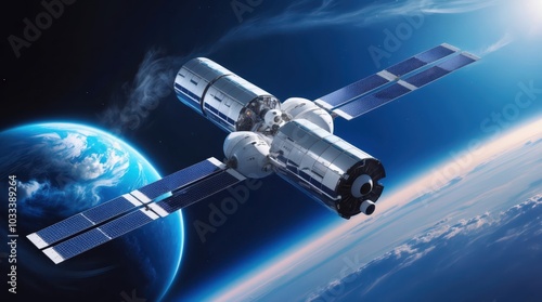 Fototapeta Naklejka Na Ścianę i Meble -  Futuristic space station orbiting earth from the sky