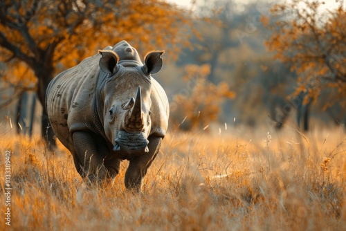 White rhinoceros is standing in tall golden grass with a soft sunset glow in the background