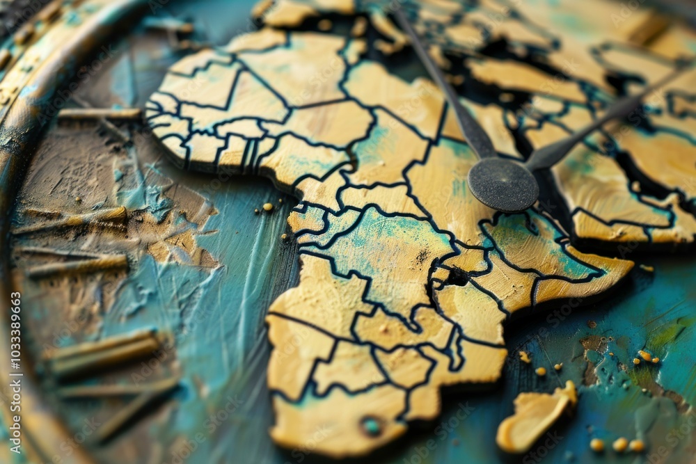 Clock face with african continent design highlighting the concept of time zones and global interconnectedness Clock face with african continent design highlighting the concept of time zones and global interconnectedness