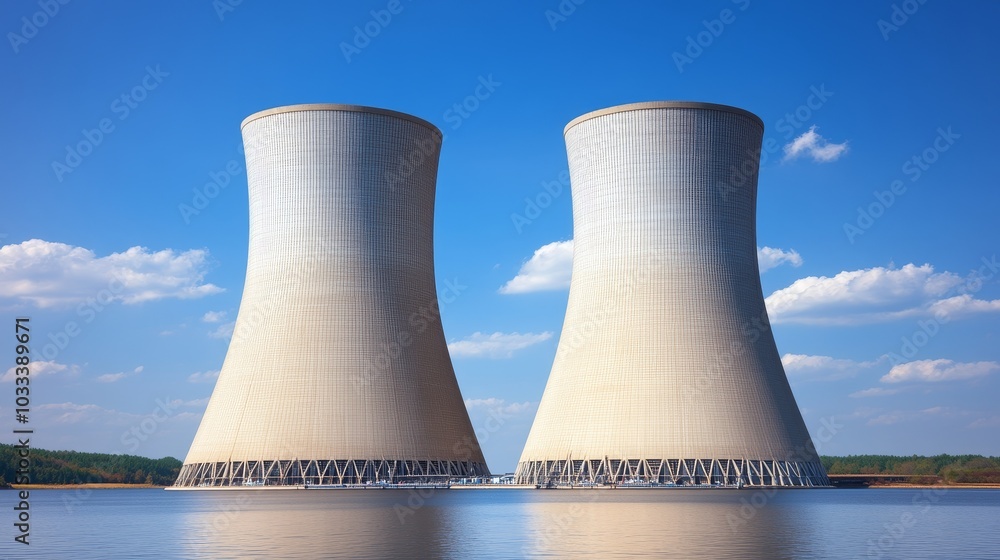 twin cooling towers stand tall against a vibrant blue sky, reflecting serenity and industrial power.