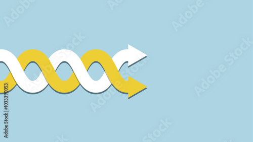 Intertwined white and yellow arrows forming a loop and pointing in the same direction on a light blue background