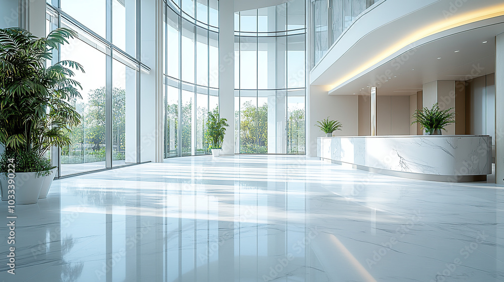 A large, bright, and modern business building lobby features white marble floors and glass windows on the walls A large, bright, and modern business building lobby features white marble floors and glass windows on the walls