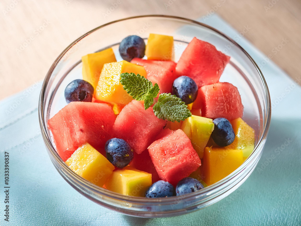 A bowl filled with various fruits, featuring a single mint leaf on top for a refreshing touch, ai. A bowl filled with various fruits, featuring a single mint leaf on top for a refreshing touch, ai.