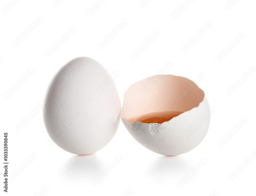 Cracked chicken egg isolated on white background, closeup Cracked chicken egg isolated on white background, closeup