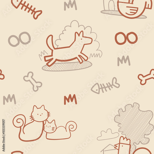 Cute cartoon pattern repeating pattern of pets, dogs, cats, chickens