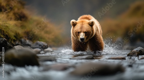 A magnificent brown bear wades through a peaceful forest stream, splashing water as it navigates its natural habitat surrounded by lush greenery, rocks, and serene tranquility. photo