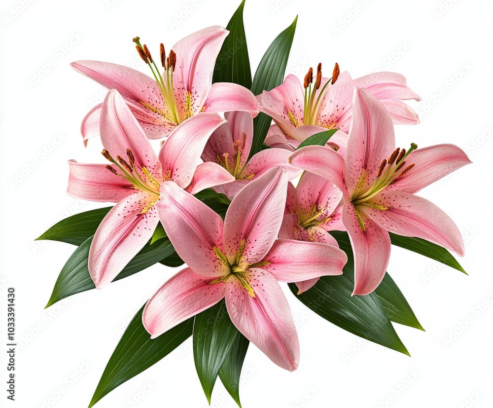 Naklejka premium Pink lily flowers and green leaves in a floral arrangement isolated on white or transparent background