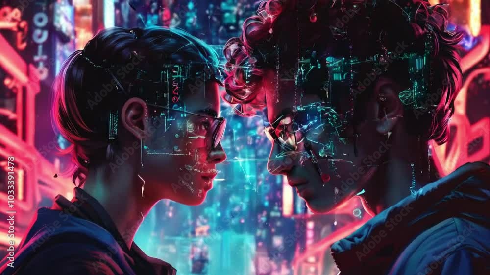 Two individuals face each other, surrounded by vibrant digital elements and futuristic visuals. Two individuals face each other, surrounded by vibrant digital elements and futuristic visuals.