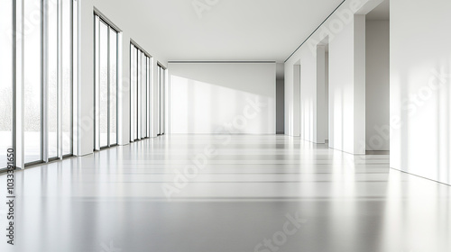 A wide-angle view of an empty modern office building with large windows and white walls