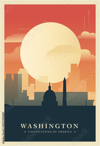 Washington city brutalism poster with abstract skyline, cityscape. USA capital district retro vector illustration. US travel front cover, brochure, flyer, leaflet, presentation template, layout image