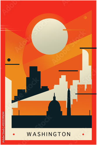 Washington city brutalism poster with abstract skyline, cityscape. USA capital district retro vector illustration. US travel front cover, brochure, flyer, leaflet, presentation template, layout image