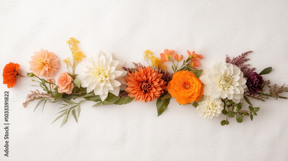 A stunning horizontal arrangement of various flowers with different colors and textures, captured on a plain white backdrop, giving a fresh and artistic vibe. A stunning horizontal arrangement of various flowers with different colors and textures, captured on a plain white backdrop, giving a fresh and artistic vibe.