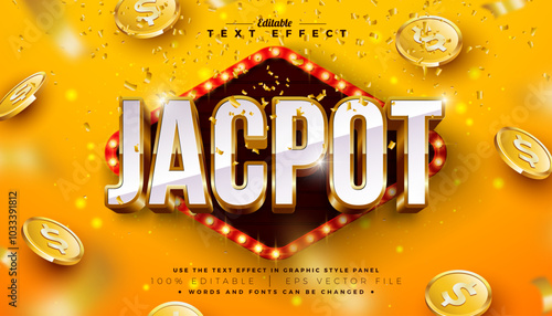 Jackpot 3D Text Effect Design Editable and Scalable Vector Graphic Style Effect with Shadow and Gold White Typography Lettering, Casino Coin and Falling Confetti on Shiny Yellow Background. Premium